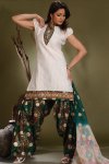 Ready Made Patiala Salwar Kameez in White and Green Color