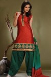Sleeveless Ready Made Shalwar Suits in Red and Green Color