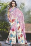 White and Pink Floral Printed Designer Saris 2010