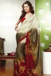 White Printed Saree with Green Pallu and Red Blouse