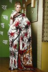 White Faux Georgette Saree with Red Floral Prints