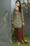 Unstitched Churidar Kameez Piece in Brown and Red Color