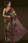 Brown and Olive Green Printed and Embroidered Saree