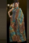 Printed and Embroidered Saree in Blue and Brown Color