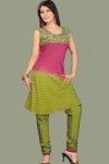 Sleeveless Churidar Shalwar Kameez in Olive Green and Red Color