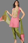 Pink and Green Unstitched Sleeveless Churidar Salwar Kameez