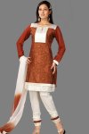 High Neck Full Sleeves Churidar Salwar Kameez in White and Brown Color