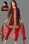 Quarter Sleeves Churidar Kameez in Red and Coffee Brown Color