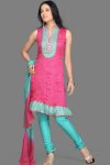 Sleeveless Churidar Designs in Megenta and Turquoise Blue Color