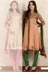 Anarkali Style Salwar Kameez in Peach Color with Green Churidar