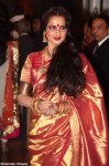 rekha in deep pink satin saree at genelia and ritesh wedding reception party